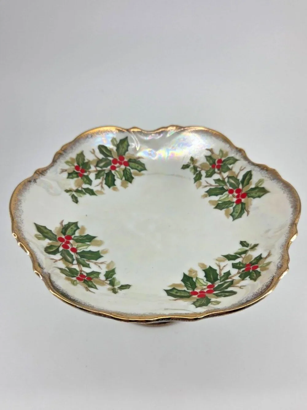 VTG 1950s Ucagco Holly Berry Lusterware Iridescent Pedestal Dish 8